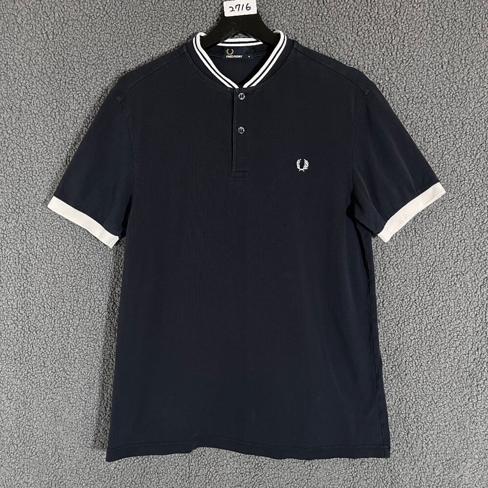 Fred Perry Grandad Collar Cotton Polo Shirt - Men's Size M - Dark Blue
